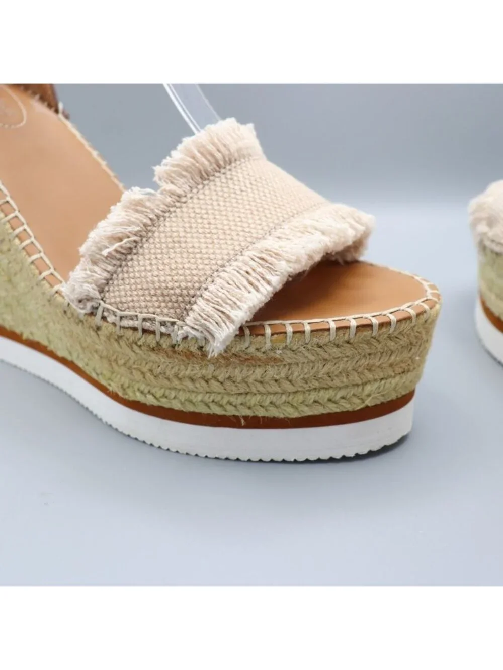 See By Chloé Glyn Frayed Canvas & Leather Espadrille Wedges 39 / US 9